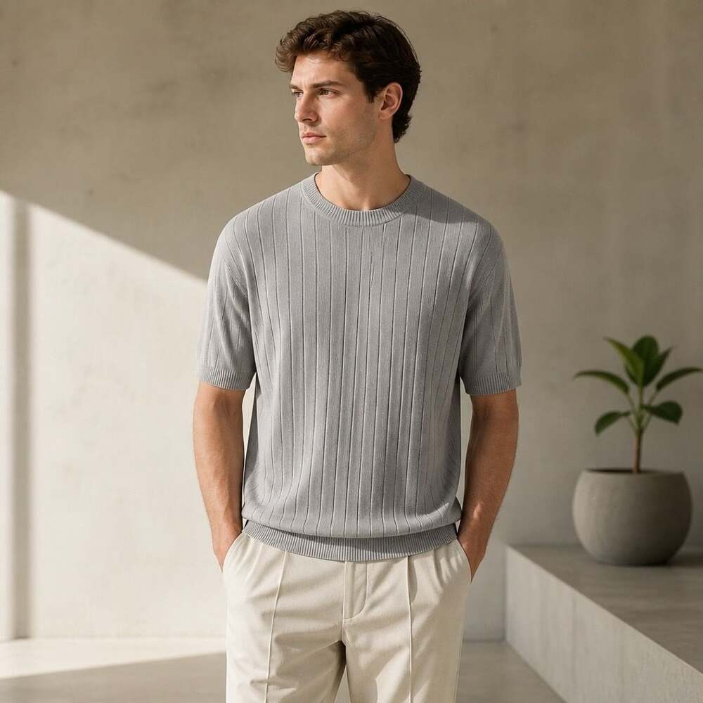 Elliott Men's Gray Short Sleeve Ribbed Knit Crewneck Sweater Size L